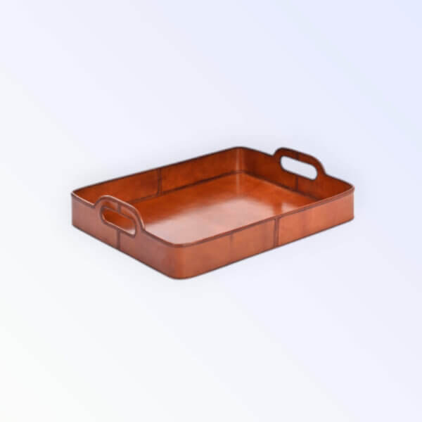 Tray Leather With Handles Rectangular Light Cognac